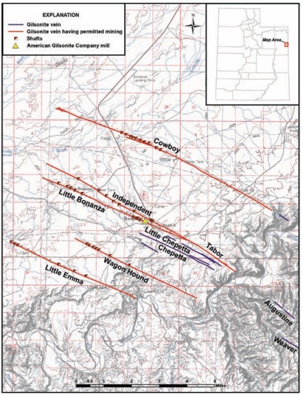 Location of gilsonite veins with permitted mining and shaft locations