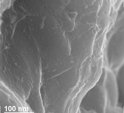 A scanning electron microscope image shows micropores in carbon capture material derived from common asphalt. 